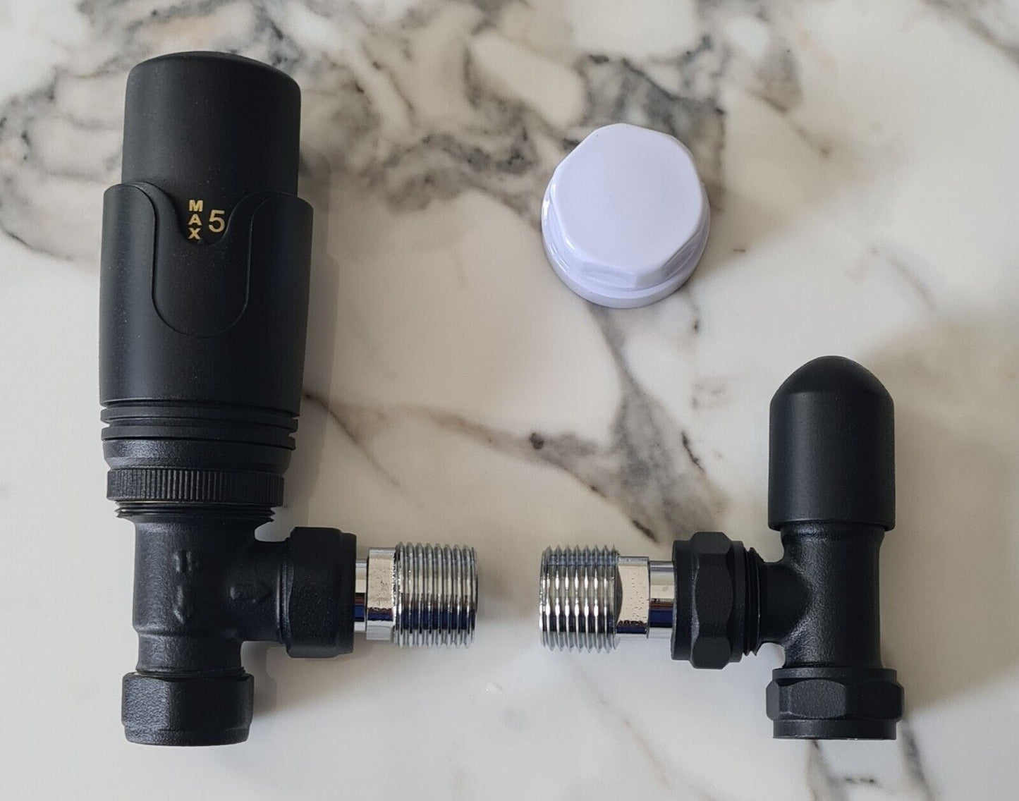 Matt Black Angled Thermostatic Radiator Valves & Lockshield 15mm x 1/2" Pack Set TC-TRVAB