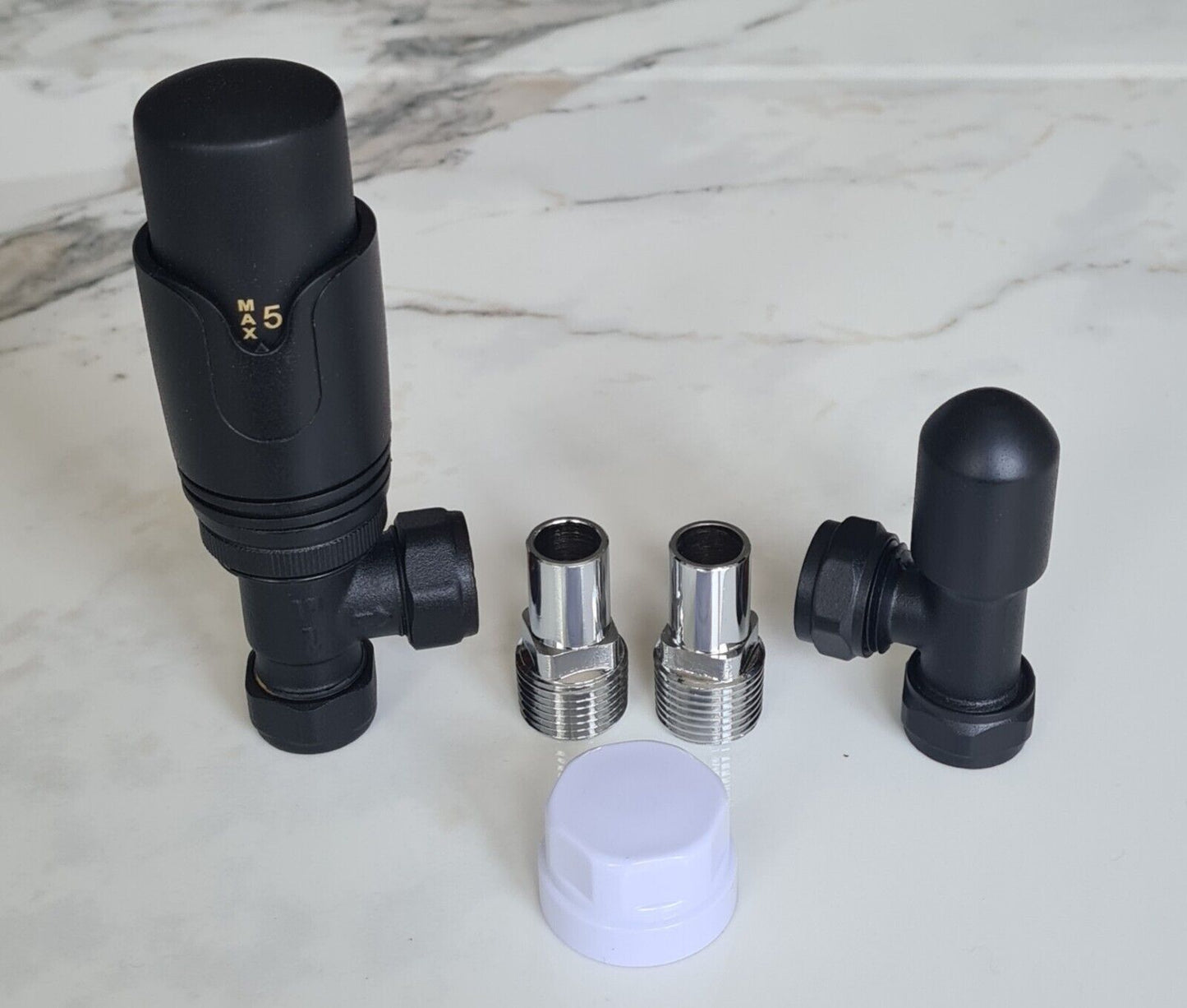 Matt Black Angled Thermostatic Radiator Valves & Lockshield 15mm x 1/2" Pack Set TC-TRVAB