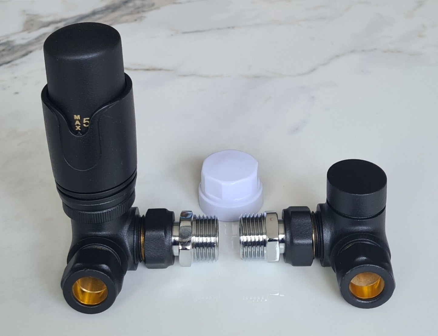 Matt Black Corner TRV Thermostatic Radiator Valves Angled Pair 15mm x 1/2" TC-TRVCB