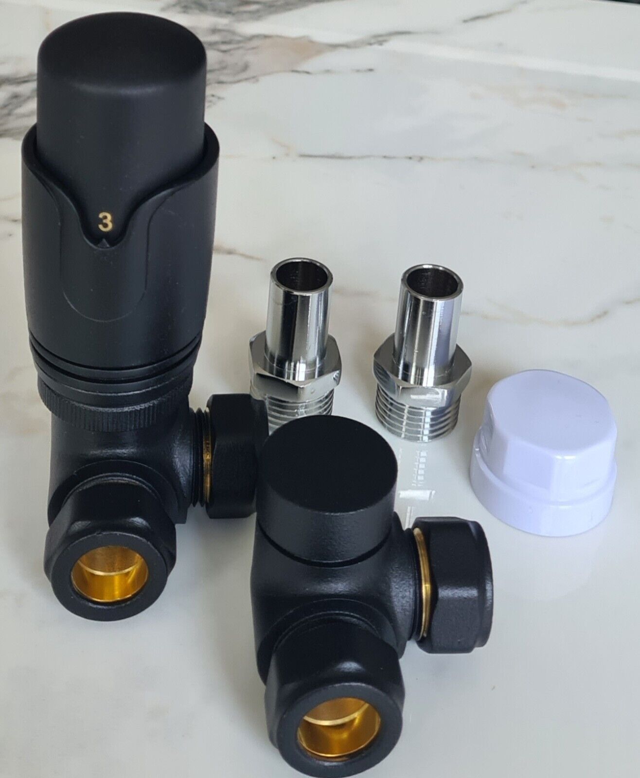 Matt Black Corner TRV Thermostatic Radiator Valves Angled Pair 15mm x 1/2" TC-TRVCB