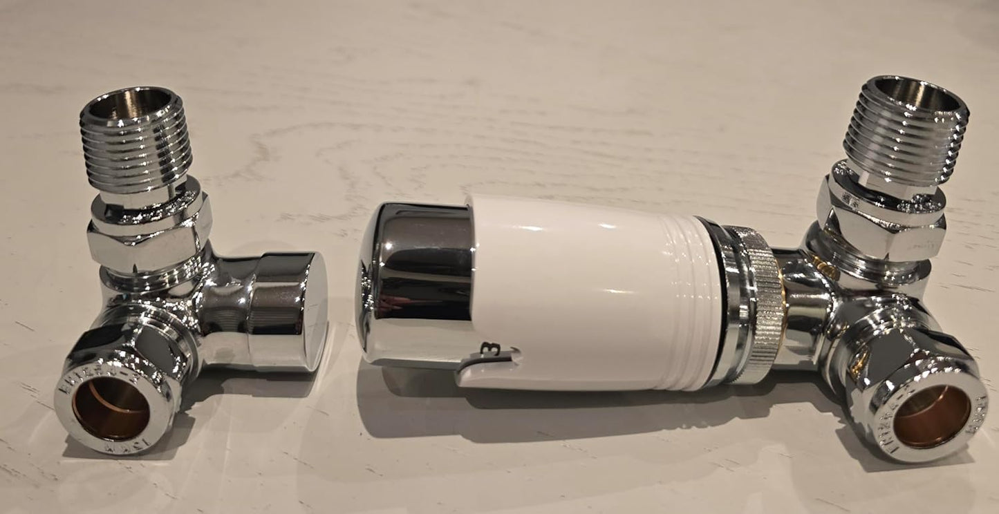 TC Premium Corner Angled Thermostatic Radiator Valves & Lockshield Valve 15mm Chrome White TRV Pack