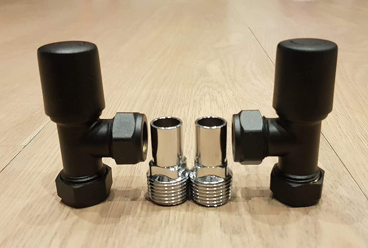 Matt Black Angled Towel Rail Radiator Valves Pair 15mm