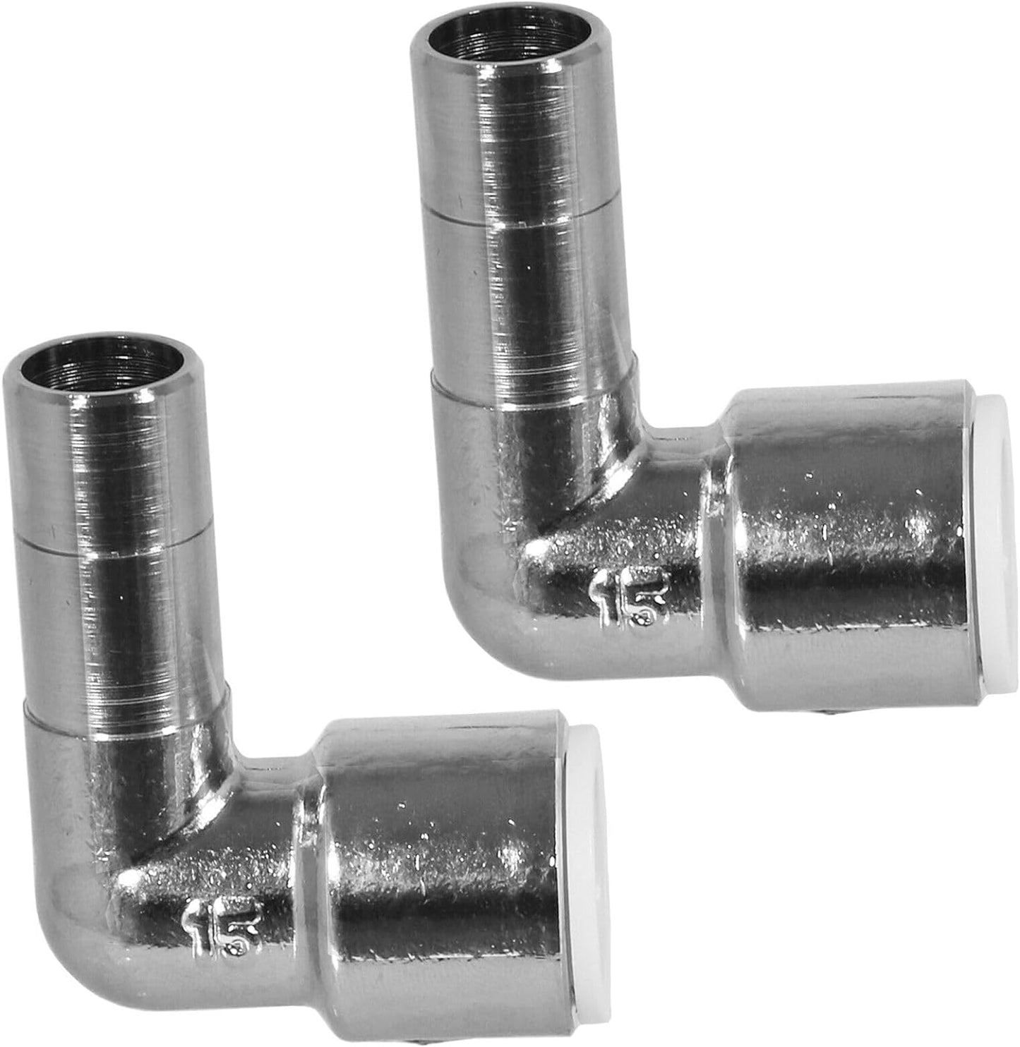 Radiator Valve Reducer Elbow Compression Chrome 15mm x 15mm Push fit Pair TC-ELB15C