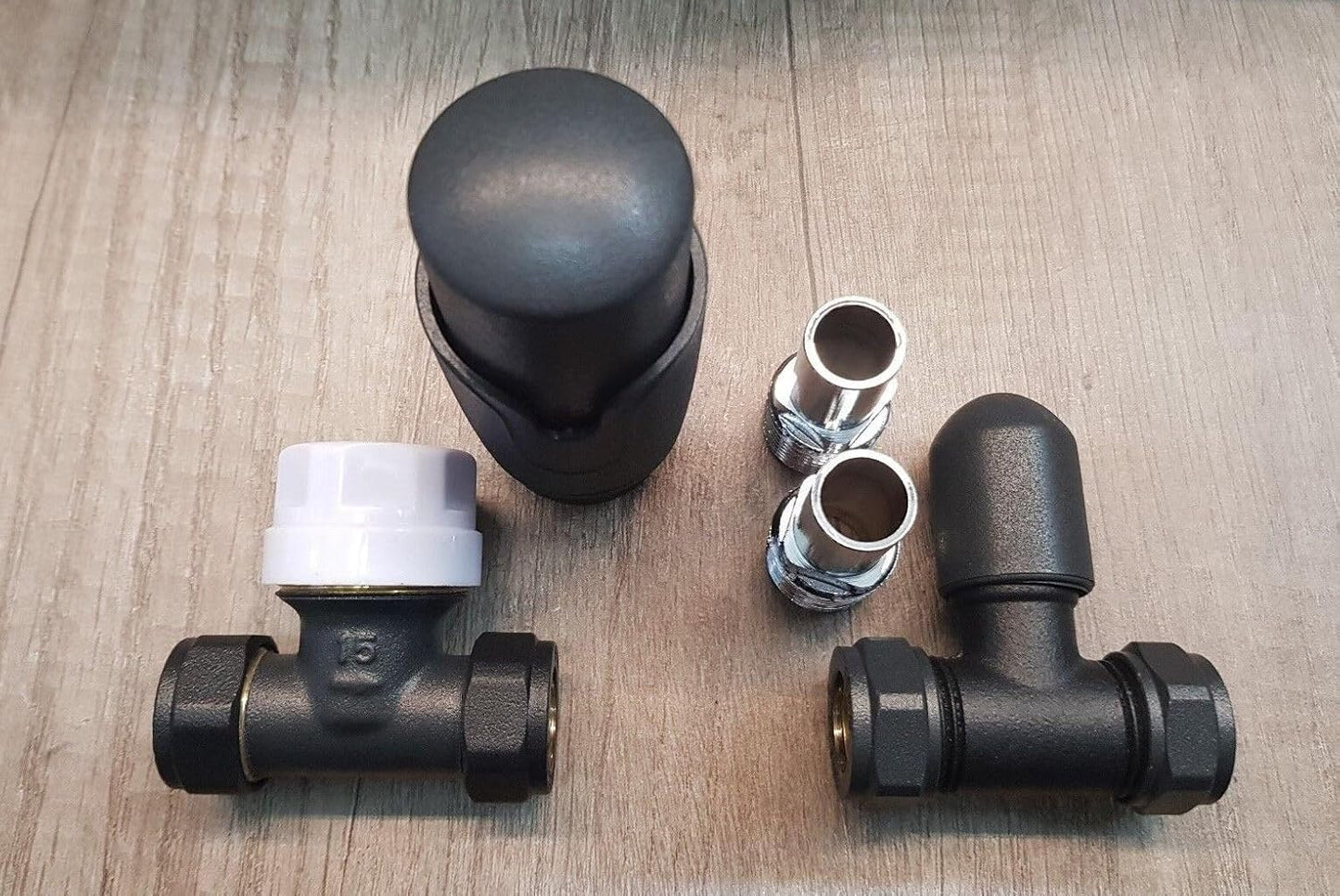 Anthracite Straight Towel Rail Thermostatic Radiator Valves TRV Lockshield Pair TCTRVSA