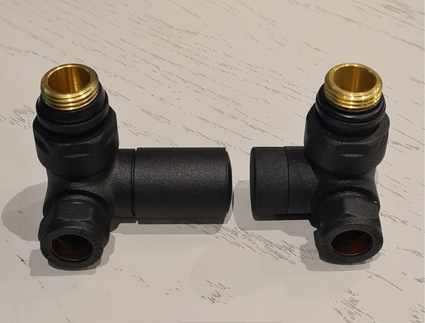 Designer Matt Black Corner Angled Radiator Valves 15mm Pair Towel Rail Valve TC-RVCB