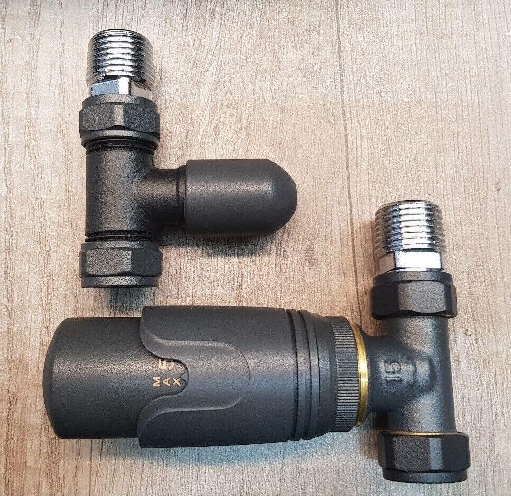 Anthracite Straight Towel Rail Thermostatic Radiator Valves TRV Lockshield Pair TCTRVSA