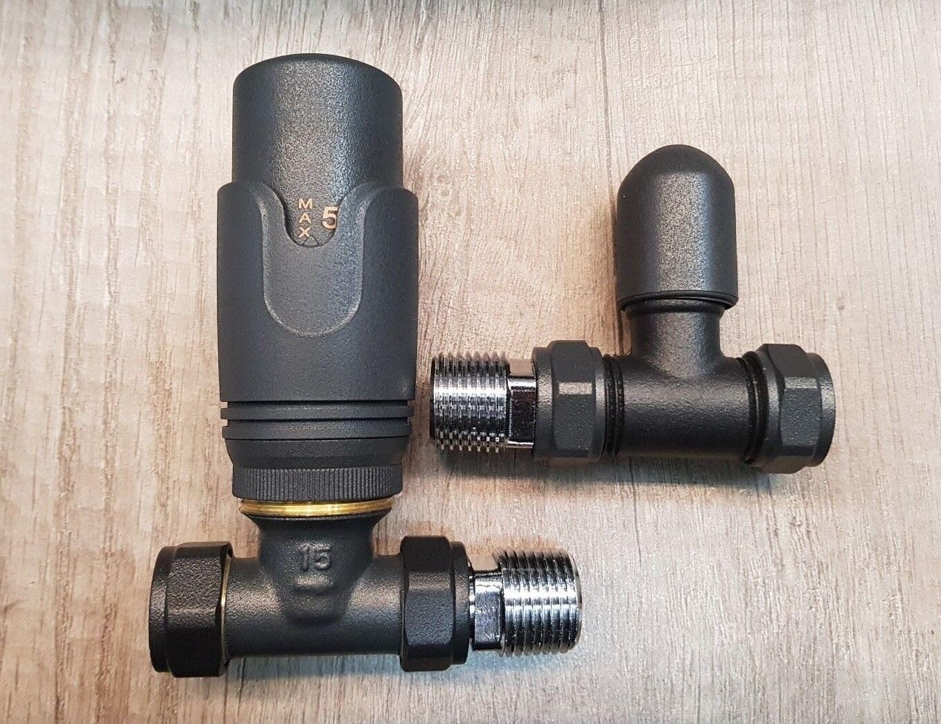 Anthracite Straight Towel Rail Thermostatic Radiator Valves TRV Lockshield Pair TCTRVSA