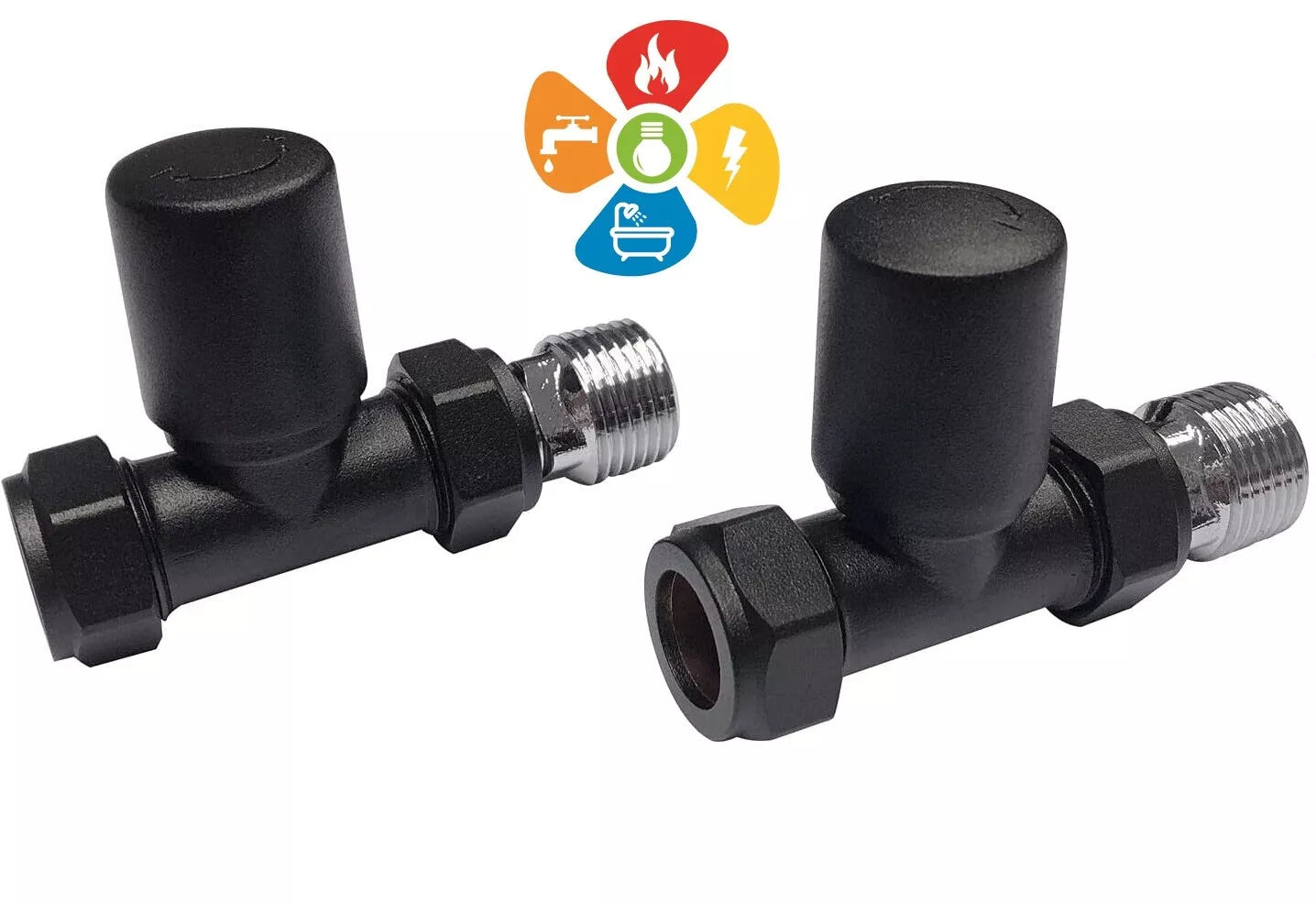 Matt Black Modern Straight Radiator Valves Heated Towel Rail Valve Pair 15mm