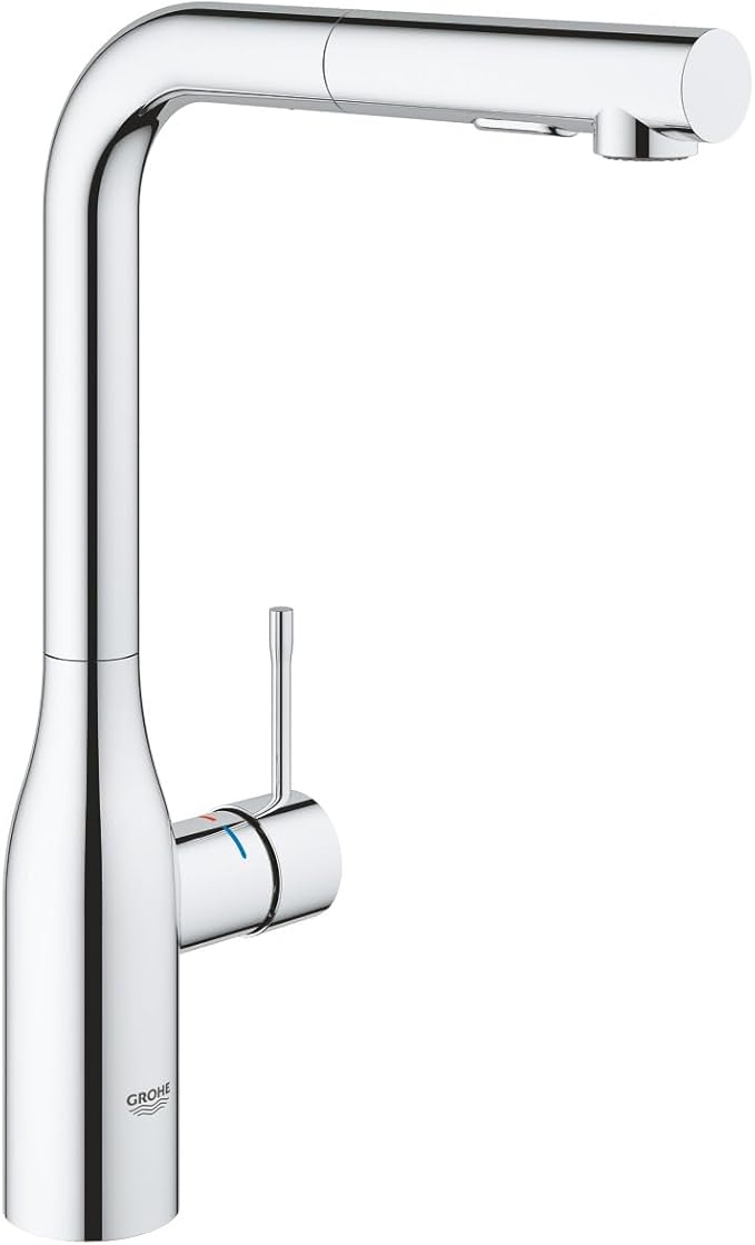 GROHE Essence single lever kitchen tap, sink mixer tap, high spout, 360° swivel spout, pull-out comfort spray head made of metal, easy to clean, chrome, 30270000