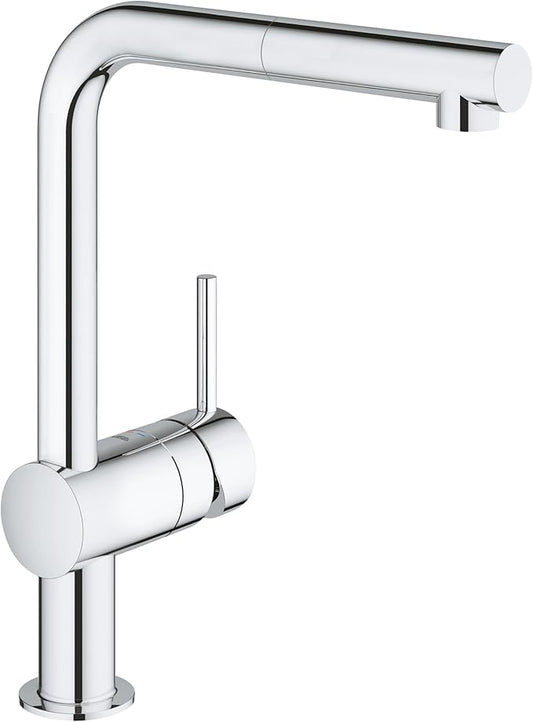 GROHE Minta - Pull Out Kitchen Sink Mixer Tap (Monobloc Installation, L-spout, 360° Swivel Range, Pull-Out Spray Head, 46 mm Ceramic Cartridge, Tails 3/8 Inch), Size 329 mm, Chrome, 32168000 [Energy Class A]