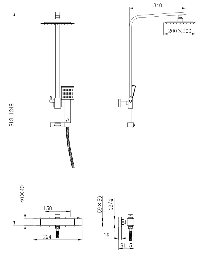 Square Thermostatic Shower System Slide Rail Kit with Rigid Riser RainShower Head