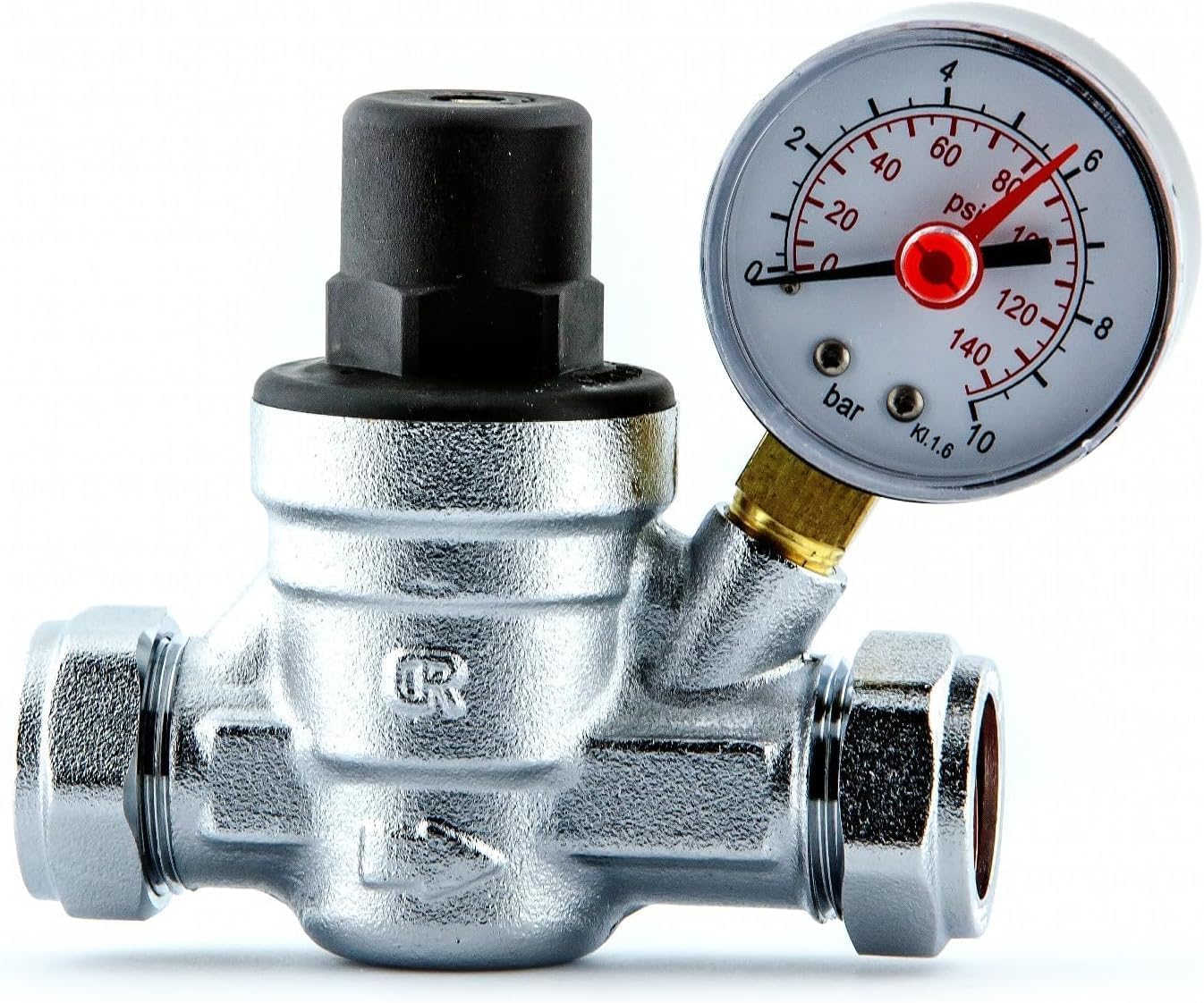 Water Pressure Reducing Valve 15mm Compression with Pressure Gauge