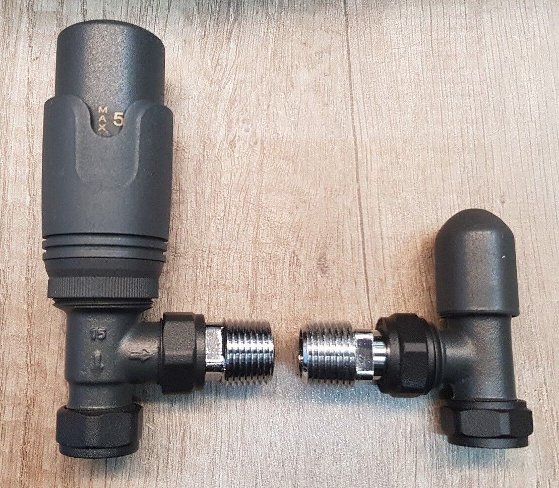 Anthracite Angled Towel Rail Thermostatic Radiator Valves TRV & Lockshield Pair TC-TRVAA