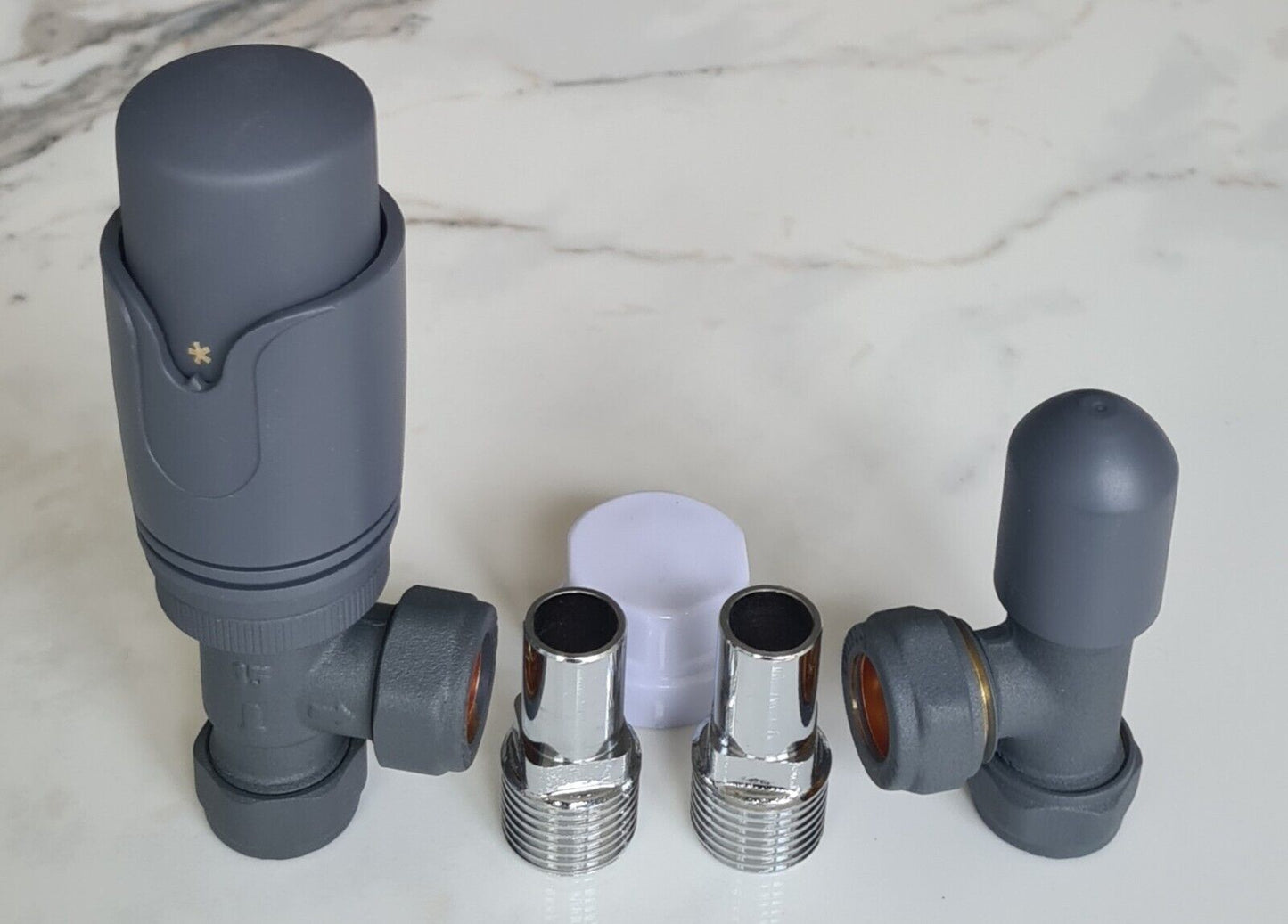 Anthracite Angled Towel Rail Thermostatic Radiator Valves TRV & Lockshield Pair TC-TRVAA