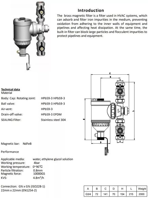 Brass Magnetic Boiler Filter 22mm Inline with Isolating Valves