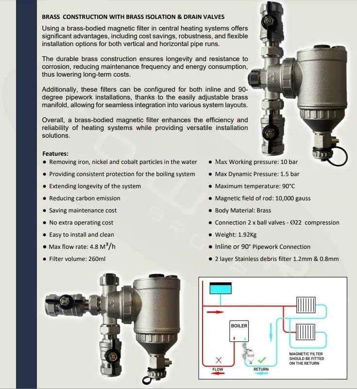 Brass Magnetic Boiler Filter 22mm Inline with Isolating Valves