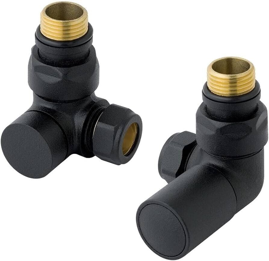 Designer Matt Black Corner Angled Radiator Valves 15mm Pair Towel Rail Valve TC-RVCB