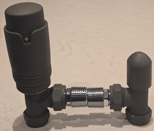 Anthracite Angled Towel Rail Thermostatic Radiator Valves TRV & Lockshield Pair TC-TRVAA