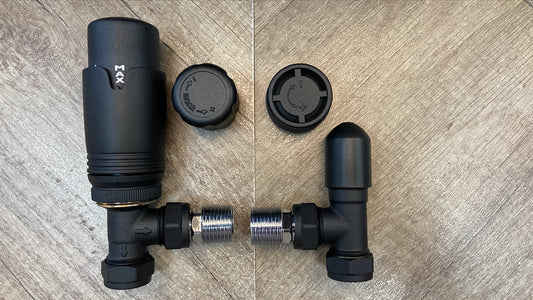 Matt Black Angled Thermostatic Radiator Valves & Lockshield 15mm x 1/2" Pack Set TC-TRVAB