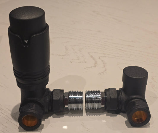 Matt Black Corner TRV Thermostatic Radiator Valves Angled Pair 15mm x 1/2" TC-TRVCB