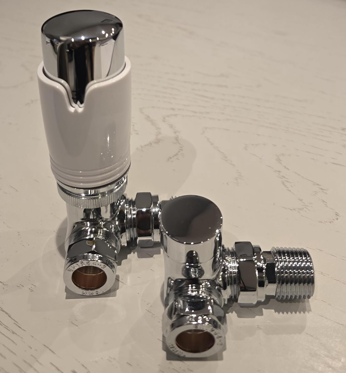 TC Premium Corner Angled Thermostatic Radiator Valves & Lockshield Valve 15mm Chrome White TRV Pack