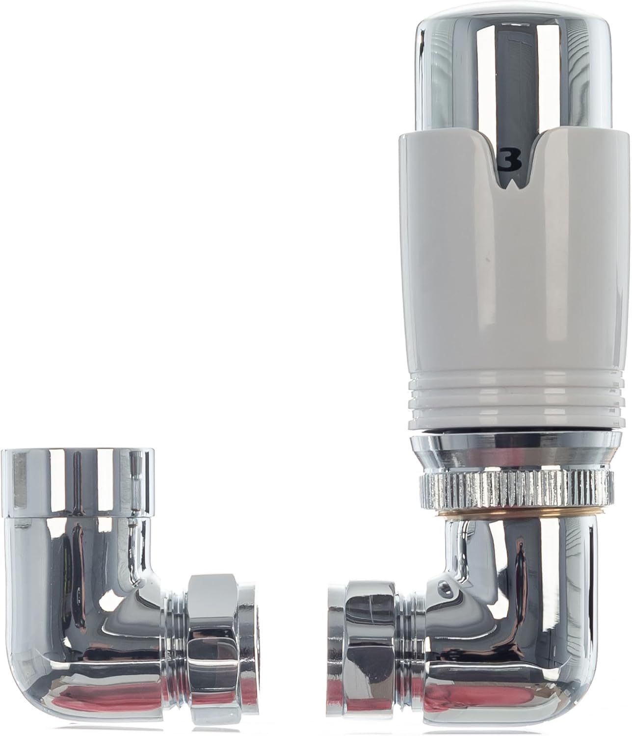 TC Premium Corner Angled Thermostatic Radiator Valves & Lockshield Valve 15mm Chrome White TRV Pack