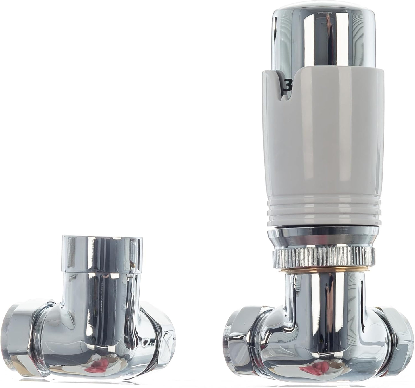 TC Premium Corner Angled Thermostatic Radiator Valves & Lockshield Valve 15mm Chrome White TRV Pack