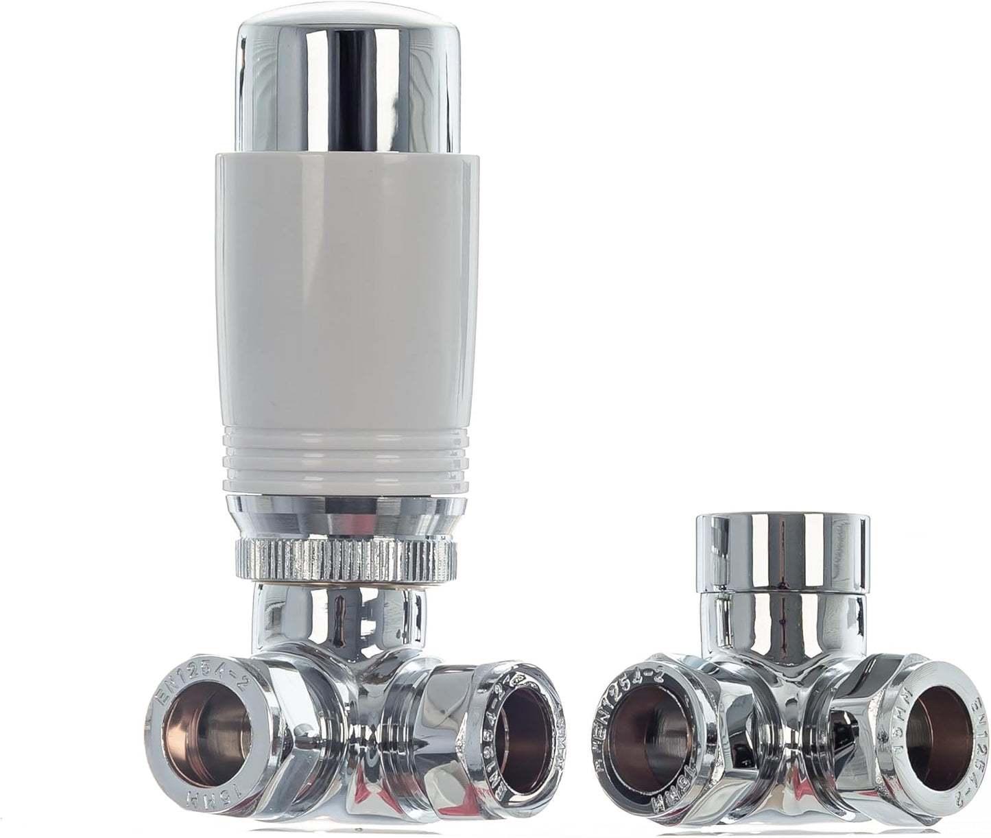 TC Premium Corner Angled Thermostatic Radiator Valves & Lockshield Valve 15mm Chrome White TRV Pack