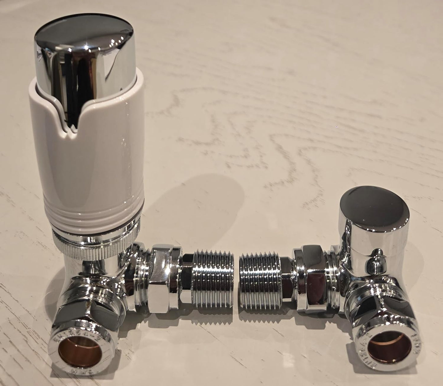 TC Premium Corner Angled Thermostatic Radiator Valves & Lockshield Valve 15mm Chrome White TRV Pack