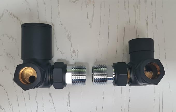 Kartell Matt Black Corner Towel Rail Radiator Rad Valves Angled Pair 15mm x 1/2''