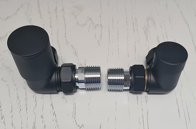 Kartell Matt Black Corner Towel Rail Radiator Rad Valves Angled Pair 15mm x 1/2''