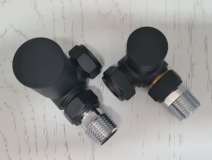 Kartell Matt Black Corner Towel Rail Radiator Rad Valves Angled Pair 15mm x 1/2''