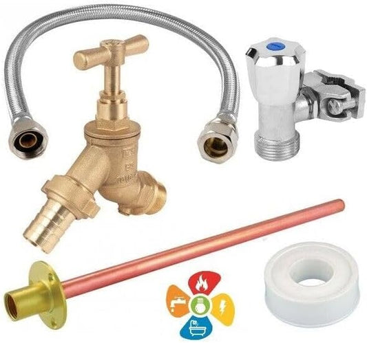 Outdoor Garden DIY Tap Kit Self Cutting Bibtap Easy Fit Through The Wall Flange PTFE & Flexible Hose