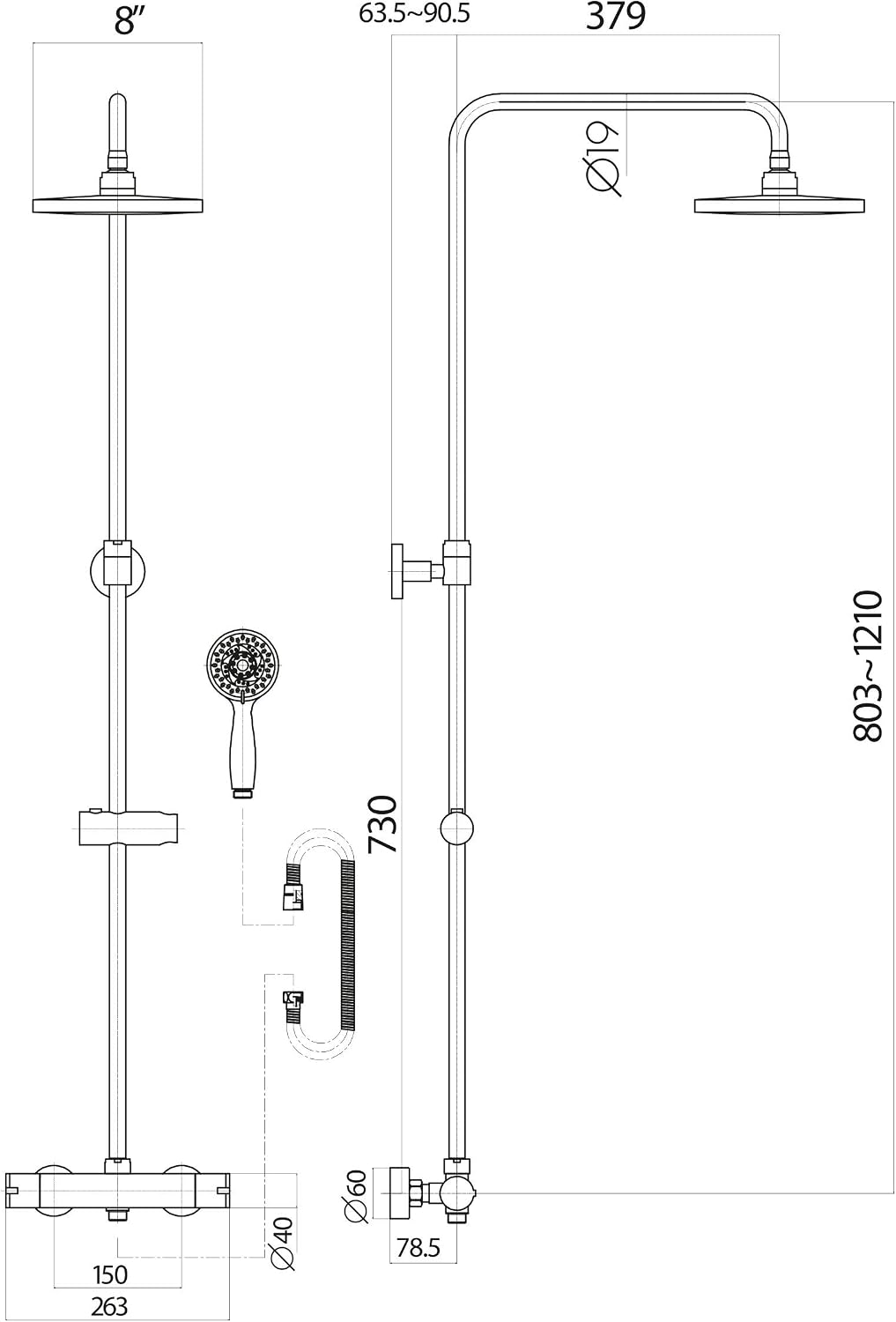 Round Thermostatic Shower System Slide Rail Kit with Rigid Riser RainShower Head