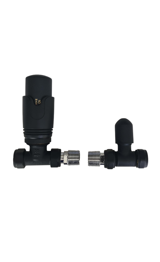 Matt Black Straight Thermostatic Radiator Valve & Lockshield Pack